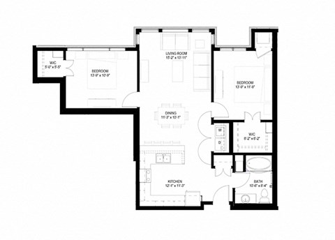 Floor plan for 2 beds, 1 bath, 1051 sqft